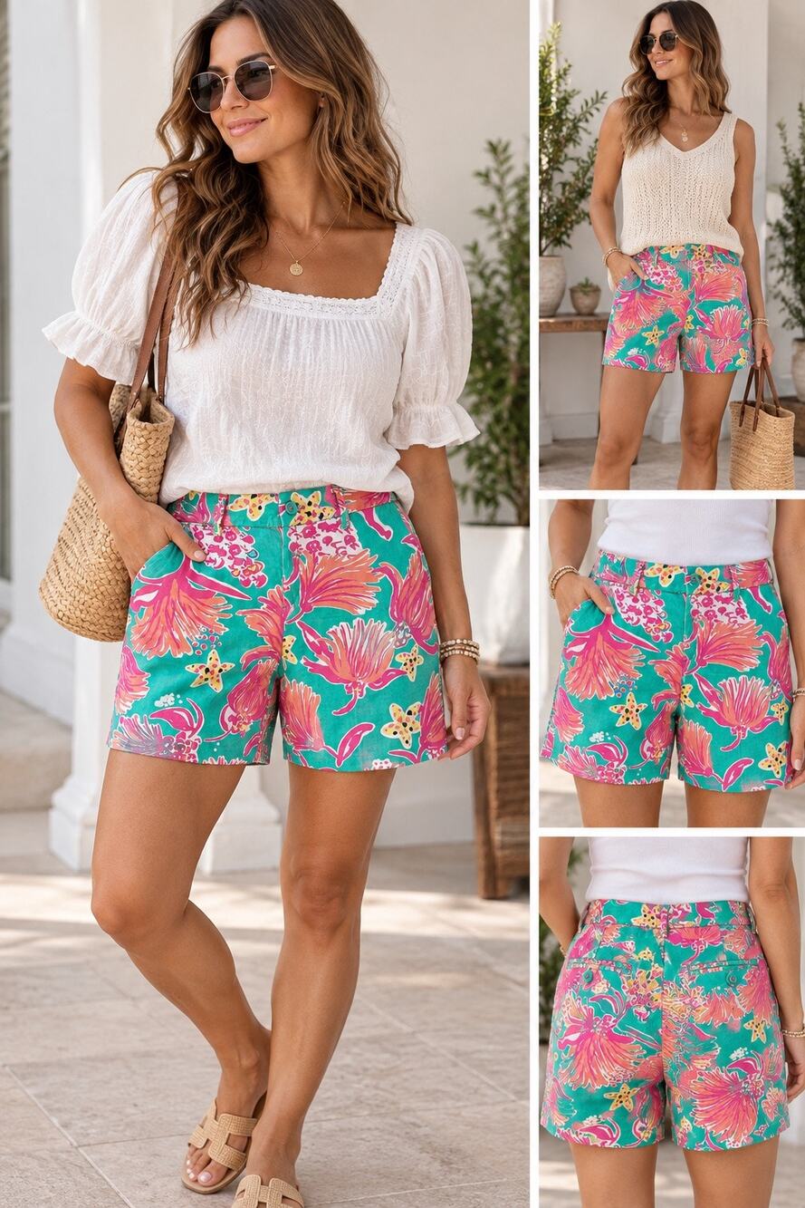 Lilly Pulitzer Avenue Starfish Floral Seaside Coral Bermuda Shorts Womens Size 0